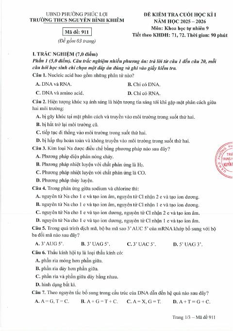 Đề thi Học kì 1 KHTN 9 năm 2025-2026 trường THCS Nguyễn Bỉnh Khiêm (Hà Nội)